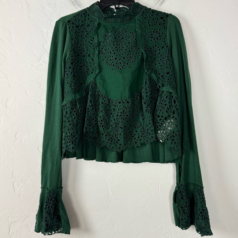 Free People Forest Green Eyelet Blouse